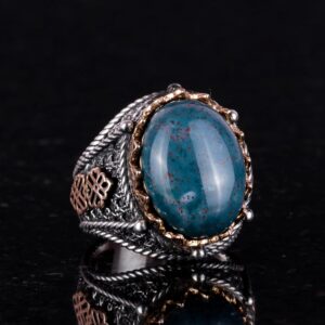 925 Ayar Saf Gümüş Yüzük, Erkekler İçin Gerçek Doğal Taş Yüzük (Yeşil Kan Taşı) - Görsel 4