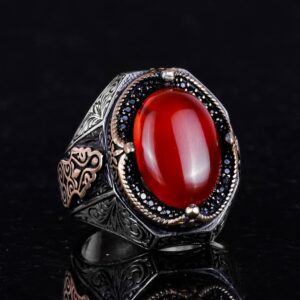 Doğal Kırmızı Akik Taş Yüzük - 925 Ayar Gümüş Yüzük Erkekler İçin, Farklı Yüzük - Görsel 6