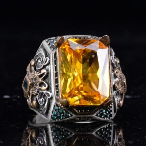 Sterling Gümüş Erkek Yüzük ile Yapay Sitrin Taşı – Vintage Tasarım – El Yapımı İfadesel Yüzük - Görsel 7