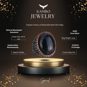 Moss Agate Doğal Taş Yüzük, 925K Katı Gümüş Erkek Yüzüğü, El Yapımı Şıklık - Görsel 2