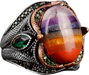 Gökkuşağı Taşlı Gümüş Yüzük, Çok Renkli Yüzük, 925 Ayar Gümüş Erkek Yüzük - Görsel 1