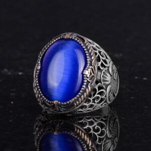 925 Ayar Gümüş Erkek Yüzük - Mavi Kedi Gözü Taş Yüzük - Erkek Yüzüğü - Görsel 6