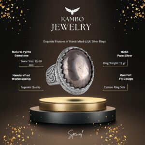 El Yapımı Pyrite Doğal Taş Yüzük - 925K Katı Gümüş Erkek Yüzüğü - Refah Manifestasyonu Tasarımı - Görsel 6