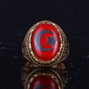 925 Ayar Gümüş Altın Kaplama Erkek Yüzük - Hilal ve Yıldız Tasarımı (Kırmızı) - Görsel 4