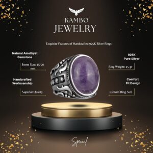 Doğal Ametist Taşlı Yüzük, 925K Katı Gümüş Erkek Yüzüğü, Tasarım Gümüş Erkek Yüzüğü - Görsel 2