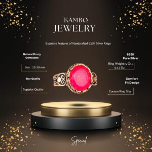 925 Ayar Gümüş Altın Kaplama Yüzük, Gerçek Doğal Druzy Kuvars Taşı ile El Yapımı Kadın Yüzüğü - Görsel 2