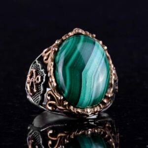 Doğal Malakit Taşlı Yüzük, Denizci Halat Yüzüğü - Canlı 925 Ayar Katı Gümüş Erkek Yüzüğü - Görsel 6