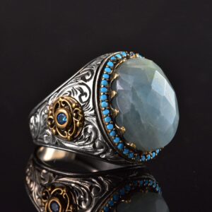 Gerçek Doğal Akvamarin Taş Yüzük, El Yapımı Turkuaz Aksamlar, 925 Ayar Gümüş Erkek Yüzük - Görsel 4