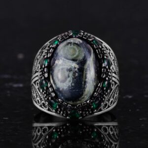 Gerçek Doğal Yeşil Göz Taşı Yüzük - El Yapımı 925 Ayar Gümüş Erkek Takısı - Görsel 4