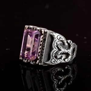 Gerçek Doğal Ametist Taşlı Yüzük, 925 Ayar Gümüş Erkek Yüzüğü - Görsel 4