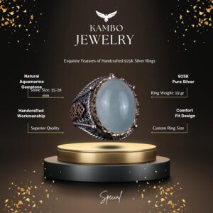 Doğal Cabochon Akuamarin Taş Yüzük, Huzurlu 925K Katı Gümüş Erkek Yüzüğü, Sakin Deniz Tasarımı - Görsel 6