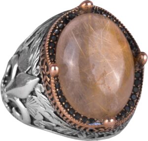 925 Ayar Gümüş El Yapımı Erkek Yüzük - Çeşitli Doğal Taşlarla Mevcuttur (Cabochon Altın Rutilatlı Kuvars) - Görsel 1