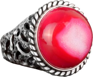 Erkekler için 925 Ayar Gümüş Yüzük, Doğal Druzy Kuvars: Mavi, Yeşil, Kırmızı Varyasyonlar (Kırmızı)