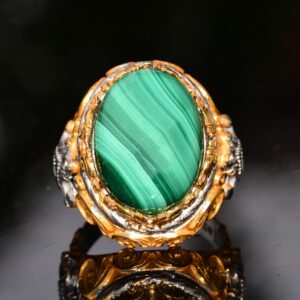 Doğal Malakit Taşı, 925 Ayar Gümüş Büyük Yüzük, Malakit Yüzük, Altın Kaplama - Görsel 5
