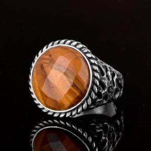 Gerçek Doğal Kaplan Gözü Taşı Yüzük, 925 Ayar Gümüş Erkek Yüzük - Görsel 5