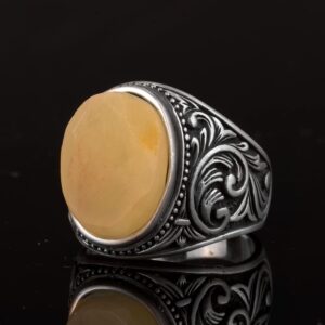 Gerçek Doğal Kehribar Taşlı Yüzük, Minimalist Yüzük, 925 Ayar Gümüş Yüzük Erkekler İçin - Görsel 4