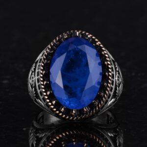 925 Ayar Gümüş Yüzük, Yapay Taş Yüzük, Kartal Sembolü Yüzük, El Yapımı Yüzük (Yapay lacivert paraiba) - Görsel 4