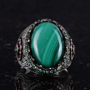 Gerçek Doğal Taş Yüzük - 925 Ayar Gümüş El Yapımı Yüzük (Malakit) - Görsel 3