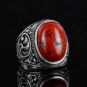 Doğal Kırmızı Kan Taşı Yüzük - 925 Ayar Gümüş Yüzük Erkekler İçin, Tasarım Erkek Gümüş Yüzük - Görsel 5