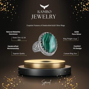 El Yapımı Malakit Taş Yüzük - Canlı 925K Katı Gümüş Erkek Yüzüğü - Görsel 5