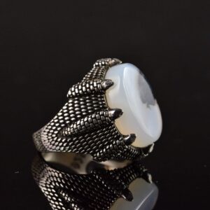 Sterling Gümüş Erkek Yüzük, Gerçek Yemen Ağaç Agat Taşı Yüzük, Kartal Pençesi Tasarımı - Görsel 4