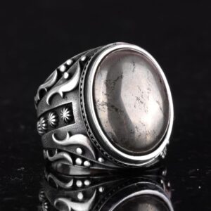 925 Ayar Katı Gümüş Erkek Yüzük, Gerçek Doğal Pirit Taşlı Yüzük, Refah Manifestosu Tasarımı - Görsel 4