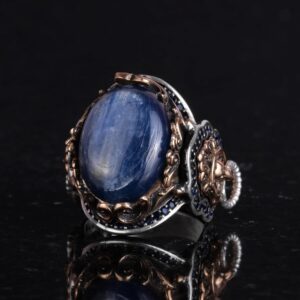 El Yapımı Aslan Başı Erkek Yüzüğü, Doğal Kyanit Taş Yüzük - 925 Ayar Gümüş Yüzük Erkekler İçin - Görsel 5