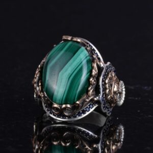 925 Ayar Katı Gümüş Erkek Yüzük, Doğal Malakit Taşı Yüzük, Aslan Başı Erkek Yüzük - Görsel 5