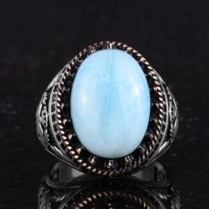 Gerçek Doğal Taş Yüzük - El Yapımı Şahin Yüzük - 925 Ayar Gümüş Yüzük (Larimar) - Görsel 4