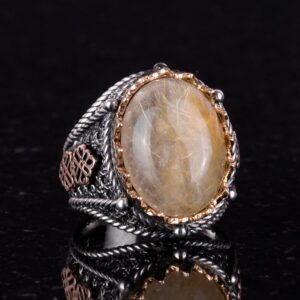 Doğal Cabochon Altın Rutilli Kuvars Taşı Yüzük, Mistisizm 925 Ayar Sert Gümüş Erkek Yüzüğü - Görsel 4