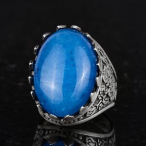 Gerçek Doğal Taş Yüzük - Gül Desenli Yüzük - 925 Ayar Gümüş Yüzük - El Yapımı Büyük Yüzük (Mavi Ağaç) - Görsel 6