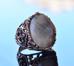 Gerçek Doğal Safir Taş Yüzük, Denizci Yüzüğü, 14.25 Karat, Çapa Yüzüğü, Gümüş Sterling - Görsel 3