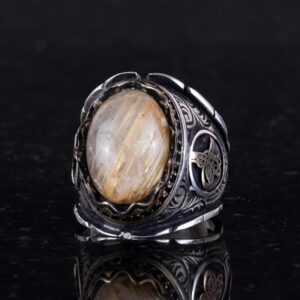 Cabochon Doğal Altın Rutilat Kuvars Taş Yüzük, Mistik 925 Ayar Saf Gümüş Erkek Yüzüğü, Osmanlı Tuğra Yüzüğü - Görsel 5