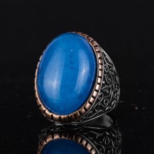 Doğal Mavi Akik Taşı Yüzük, %925 Katı Gümüş Yüzük Erkekler İçin, Büyük Yüzük, Tasarım Gümüş Erkek Yüzüğü - Görsel 5