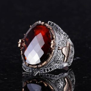 Cam Gümüş Yüzük, Garnet Üretilmiş Taş Yüzük, 925K Sterlin Gümüş Yüzük Erkekler İçin, Farklı ve Çeşitli Koleksiyon - Görsel 5