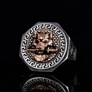 925 Ayar Gümüş Yüzük - Yunan Anahtar Desenli Erkek Yüzüğü - El Yapımı Yüzük (Kurt) - Görsel 6