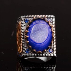 Gerçek Doğal Mavi Druzy Kuvars Taşı Erkek Yüzük, Erkekler İçin Doğum Taşı Yüzüğü, 925 Ayar Gümüş Yüzük - Görsel 3