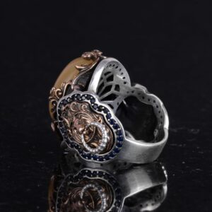 Aslan Başlı Erkek Yüzüğü, 925 Ayar Gümüş Yüzük, Doğal Sarı Akik Taş Yüzüğü, Gümüş Erkek Yüzüğü - Görsel 6