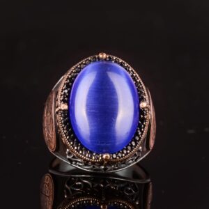 Davud Yıldızı Gümüş Yüzük, Lacivert Kedi Gözü Yapay Taş, 925 Ayar Gümüş Süleyman Yüzüğü - Görsel 4