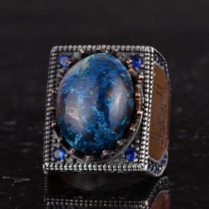 Gerçek Doğal Taş Yüzük - 925 Ayar Gümüş İslami Yüzük - El Yapımı Hat Yazılı Yüzük (Azurit) - Görsel 6