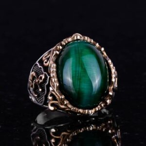 Gümüş Halka Kaptan Yüzük, Yapay Taş Yüzük, 925 Ayar Sterlin Gümüş Yapay Taş Yüzükler - Farklı ve Çeşitli Koleksiyon (Koyu Yeşil Kedi Göz Yapay Taş) - Görsel 3