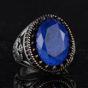 925 Ayar Gümüş Yüzük, Yapay Taş Yüzük, Kartal Sembolü Yüzük, El Yapımı Yüzük (Yapay lacivert paraiba) - Görsel 5