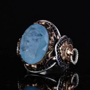 Açık Mavi Paraiba Oluşturulmuş Taş Yüzük, 925 Ayar Gümüş Yüzük, Aslan Sembolü Yüzük - Görsel 4