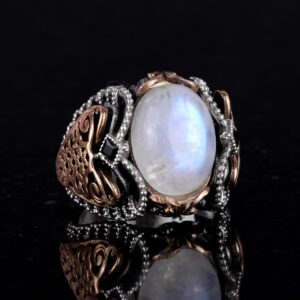 Gerçek Doğal Ay Taşı Taş Yüzük, 925 Ayar Gümüş Erkek Yüzük, Ay Işığı Tasarımı - Görsel 4