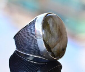 Doğal Labradorit Yuvarlak Taş Yüzük - 925 Ayar Gümüş Erkek Büyük Yüzük - Görsel 4