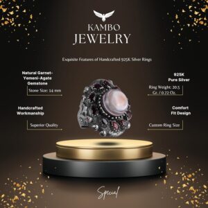 Gerçek Doğal Yemen Akik ve Granat Taşlı Yüzük - Sultan Yüzüğü - 925 Ayar Gümüş Yüzük - Görsel 2