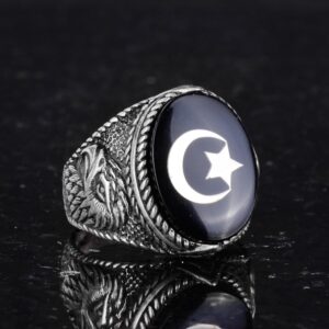Erkekler için Ay Yıldız Kartal Yüzüğü - 925 Ayar Gümüş Yüzük - Hilal ve Yıldız Tasarımı - Türk Ay Yıldız Bayrağı Kartal Tasarımı Yüzük (Siyah) - Görsel 4