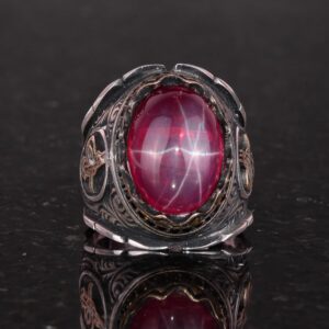 925 Ayar Gümüş Erkek Yüzük, El Yapımı Doğal Star Ruby Taşlı Yüzük, Osmanlı Tuğra Gümüş Yüzük - Görsel 4