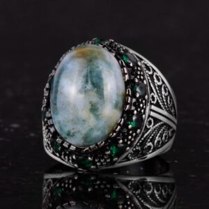 Gerçek Doğal Saman Agat Taş Yüzük - 925 Ayar Gümüş Erkek Takısı - El Yapımı Yüzük - Görsel 6