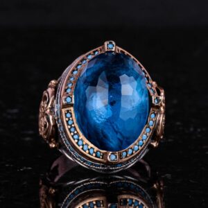 925 Ayar Gümüş Erkek Yüzük, Yapay Akuamarin Taşı, El Yapımı Vintage Tasarım İfadesi Yüzük - Görsel 4